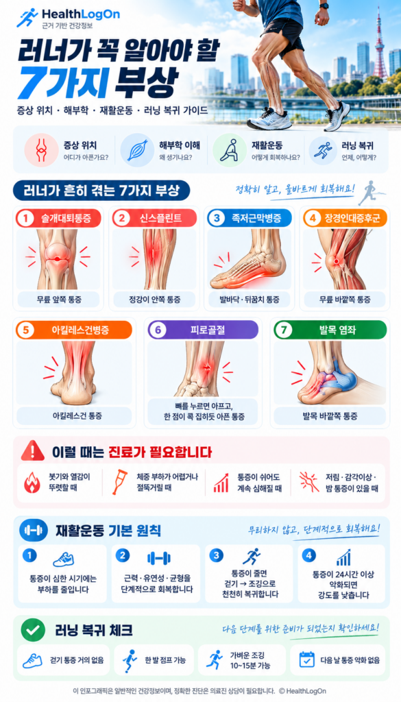 러닝 부상 7가지의 대표적인 통증 위치를 무릎, 정강이, 발바닥, 무릎 바깥쪽, 아킬레스건, 뼈, 발목의 해부학 그림으로 보여주고 진료가 필요한 증상과 재활 및 러닝 복귀 원칙을 정리한 HealthLogOn 인포그래픽