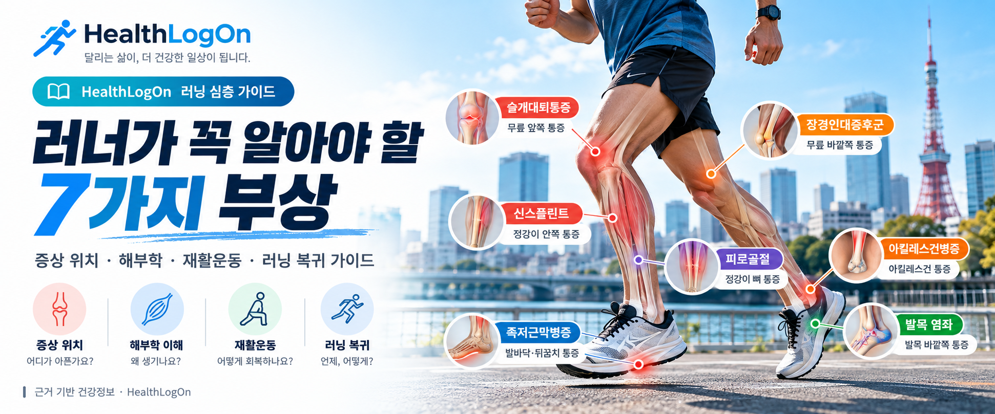 달리는 러너의 다리와 함께 슬개대퇴통증, 신스플린트, 족저근막병증, 장경인대증후군, 아킬레스건병증, 피로골절, 발목 염좌 등 7가지 러닝 부상의 대표적인 통증 부위를 표시한 HealthLogOn 심층 가이드 대표이미지