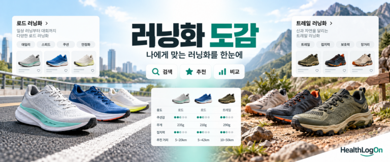 HealthLogOn 러닝화 도감 대표이미지. 왼쪽에는 로드 러닝화, 오른쪽에는 트레일 러닝화가 배치되어 있으며 중앙에는 러닝화 검색, 맞춤 추천, 모델 비교 기능이 소개되어 있다.
