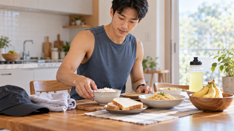 마라톤 카보로딩을 위해 밥과 빵, 바나나 등 탄수화물 식품을 준비하는 러너