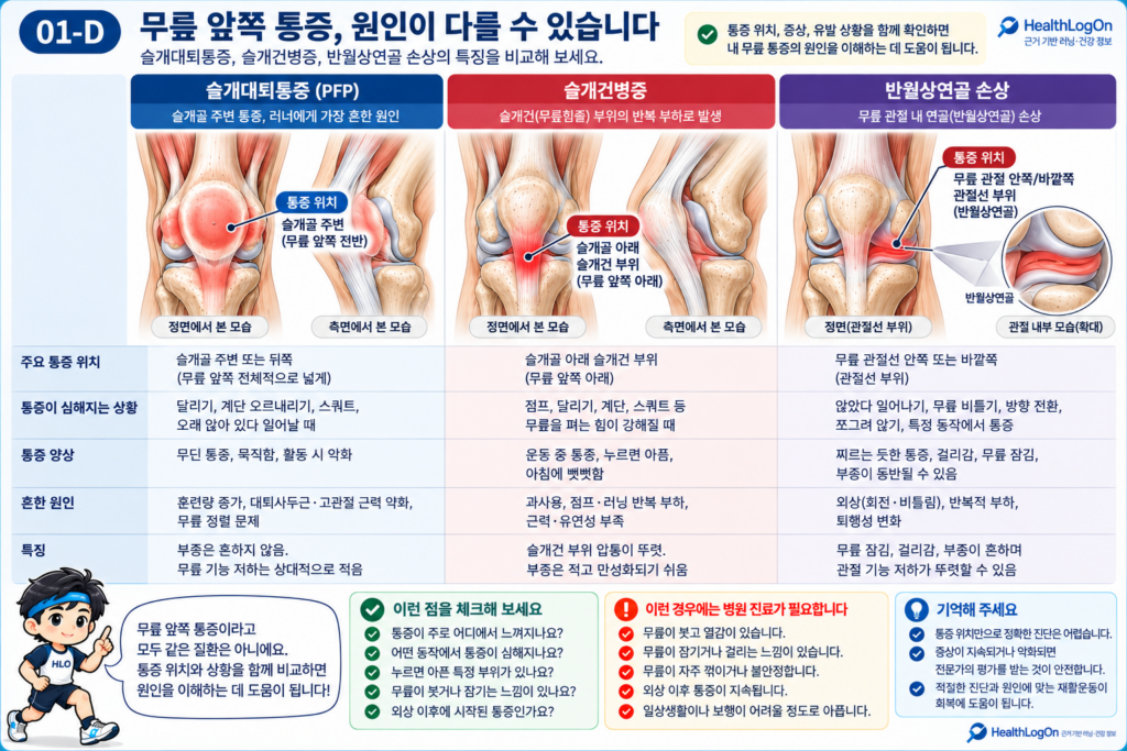 슬개대퇴통증, 슬개건병증, 반월상연골 손상의 대표적인 무릎 통증 위치를 해부학 그림으로 비교하고, 증상과 통증 유발 상황, 진료가 필요한 신호를 정리한 HealthLogOn 인포그래픽