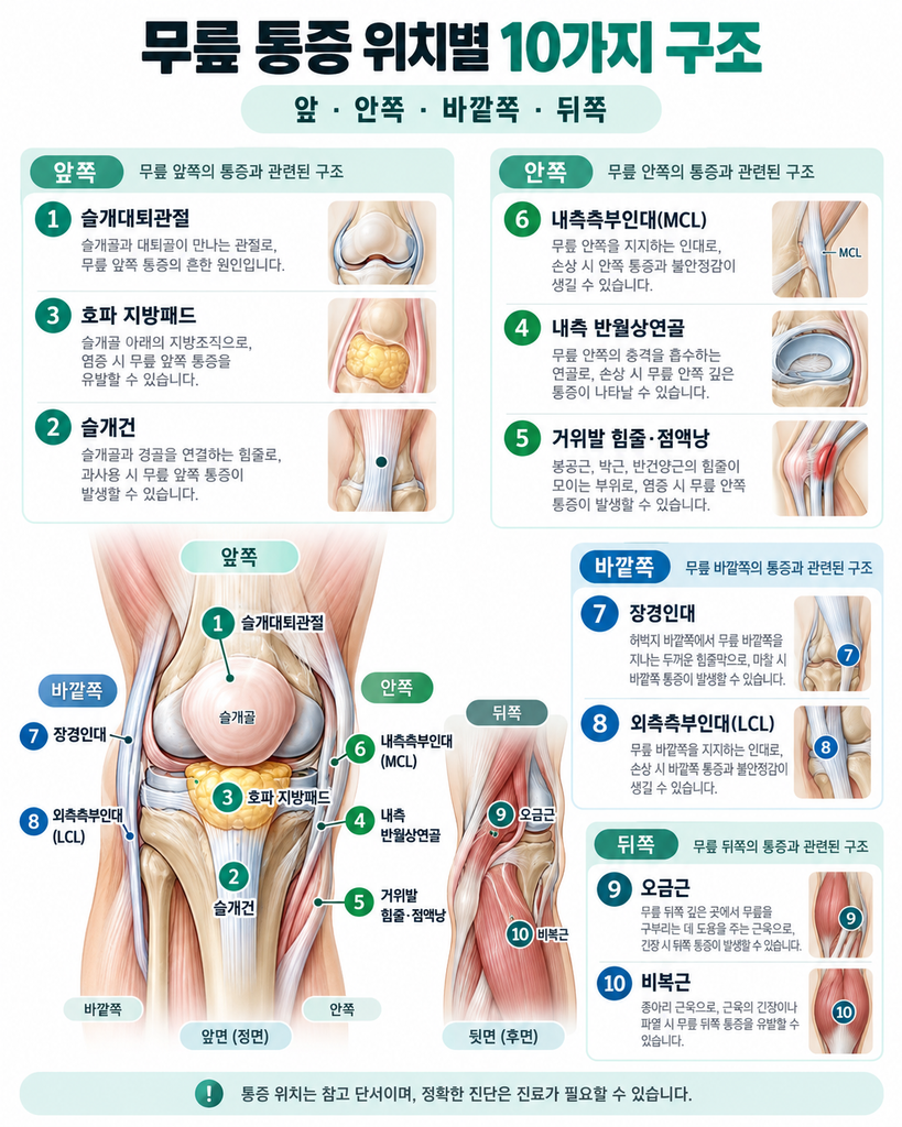 무릎 통증 위치별 10가지 구조를 앞쪽, 안쪽, 바깥쪽, 뒤쪽으로 나누어 설명한 인포그래픽