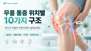 무릎 통증 위치별 10가지 구조를 소개하는 대표이미지로, 앞쪽·안쪽·바깥쪽·뒤쪽 통증 부위를 시각적으로 표시한 이미지