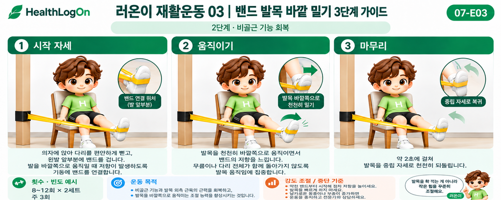 러온이가 의자에 앉아 다리를 앞으로 뻗은 자세와 발목의 중립, 바깥쪽 움직임, 원위치 복귀를 세 컷으로 보여주는 밴드 발목 운동 카드. 각 컷에 녹색 밴드 도식과 발목 움직임 방향이 표시되어 있다.