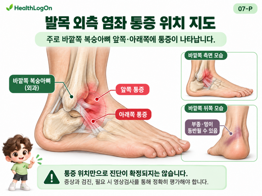 발목 외측 염좌에서 통증이 흔히 나타나는 바깥쪽 복숭아뼈 앞쪽과 아래쪽을 붉게 표시하고, 부종과 멍이 동반될 수 있는 부위를 측면 및 후면 그림으로 안내하는 HealthLogOn 해부학 이미지