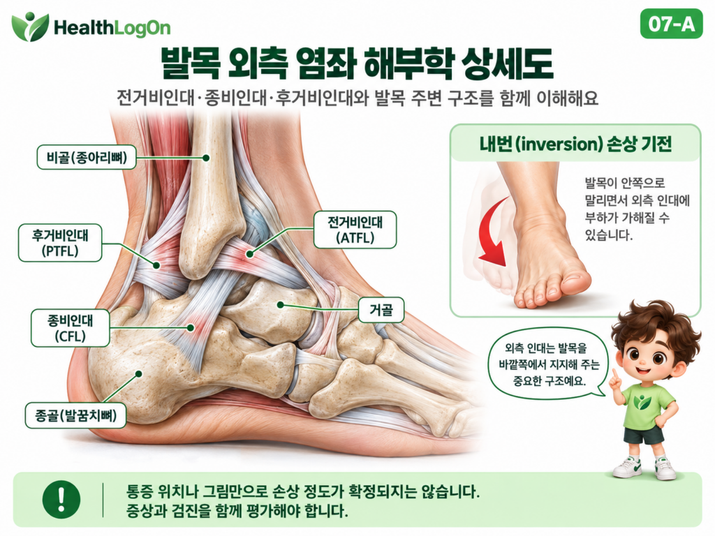 발목 바깥쪽의 비골, 거골, 종골과 전거비인대(ATFL), 종비인대(CFL), 후거비인대(PTFL)의 위치를 표시하고 발목이 안쪽으로 말리는 내번 손상 기전을 설명하는 해부학 인포그래픽