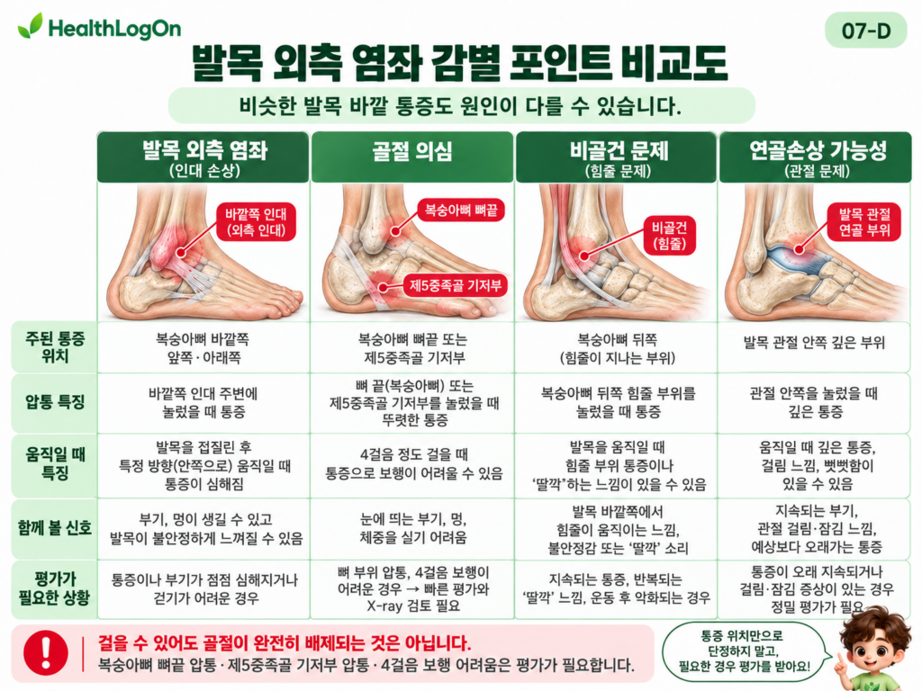 발목 외측 염좌, 골절 의심, 비골건 문제, 발목 관절 연골 손상 가능성을 네 열로 비교한 HealthLogOn 인포그래픽. 각 상태의 통증 위치, 압통 특징, 움직일 때 증상, 동반 신호 및 진료가 필요한 상황을 해부학 그림과 함께 안내한다.