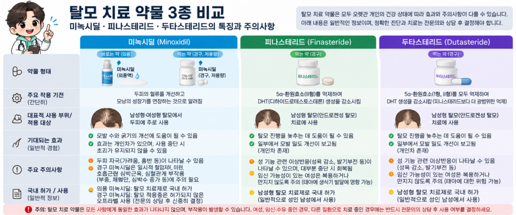 미녹시딜의 외용제와 경구제, 피나스테리드, 두타스테리드의 제형과 주요 작용 기전, 기대 효과, 부작용 및 국내 허가와 사용 시 주의사항을 비교한 표 형식의 인포그래픽