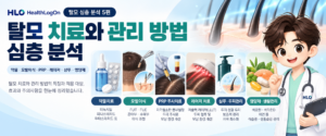 헬스로그온 러온이 캐릭터와 함께 약물 치료, 모발이식, PRP 주사, 저출력 레이저, 탈모 샴푸와 두피 관리, 영양제 등 6가지 탈모 치료 및 관리 방법을 보여주는 대표이미지
