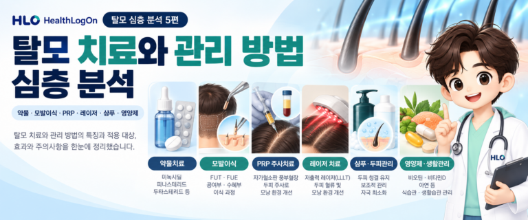 헬스로그온 러온이 캐릭터와 함께 약물 치료, 모발이식, PRP 주사, 저출력 레이저, 탈모 샴푸와 두피 관리, 영양제 등 6가지 탈모 치료 및 관리 방법을 보여주는 대표이미지